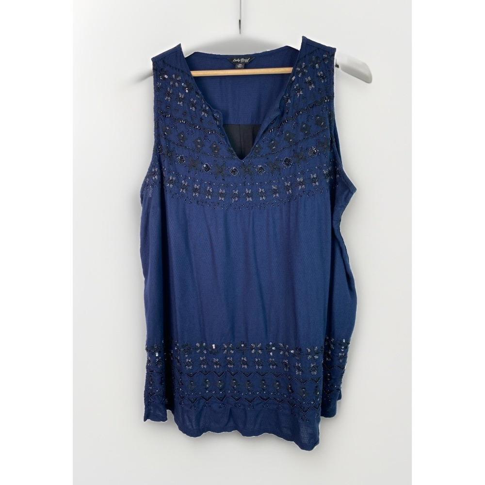 Lucky Brand Women's 2X Navy Blue Black Beaded Sequin Embroidered Boho Tank Top